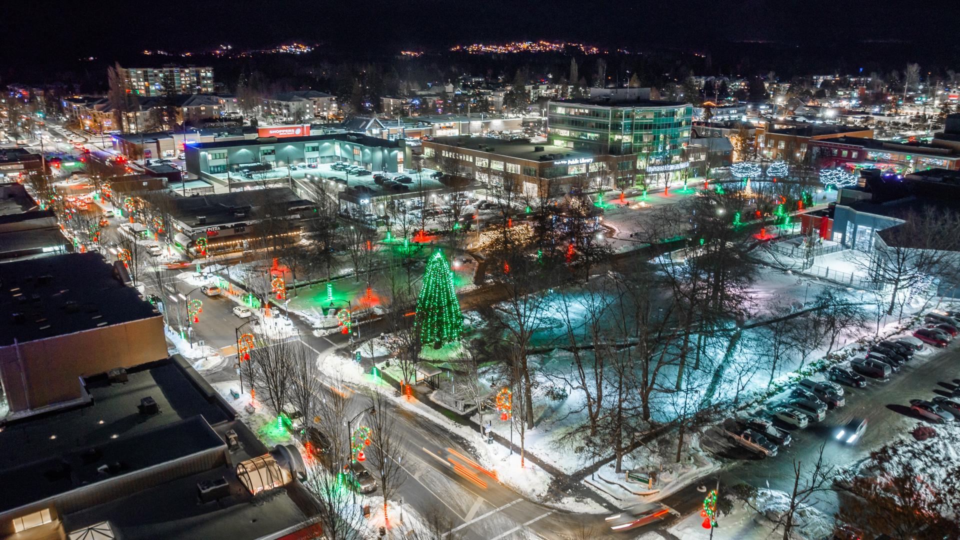 Seasonal lights around Memorial Peace Park in downtown Maple Ridge